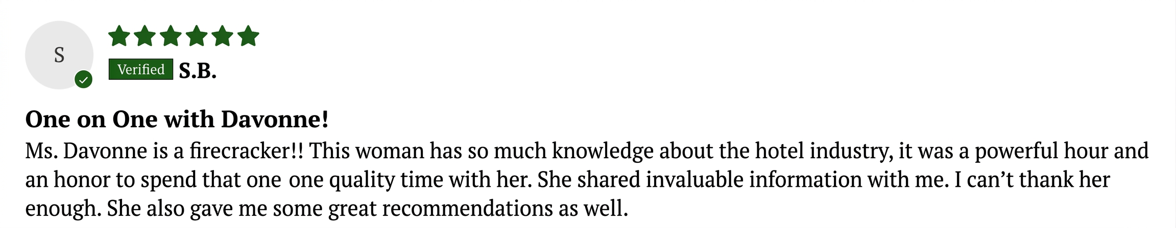 Five-star review from S.B. — One on One with Davonne