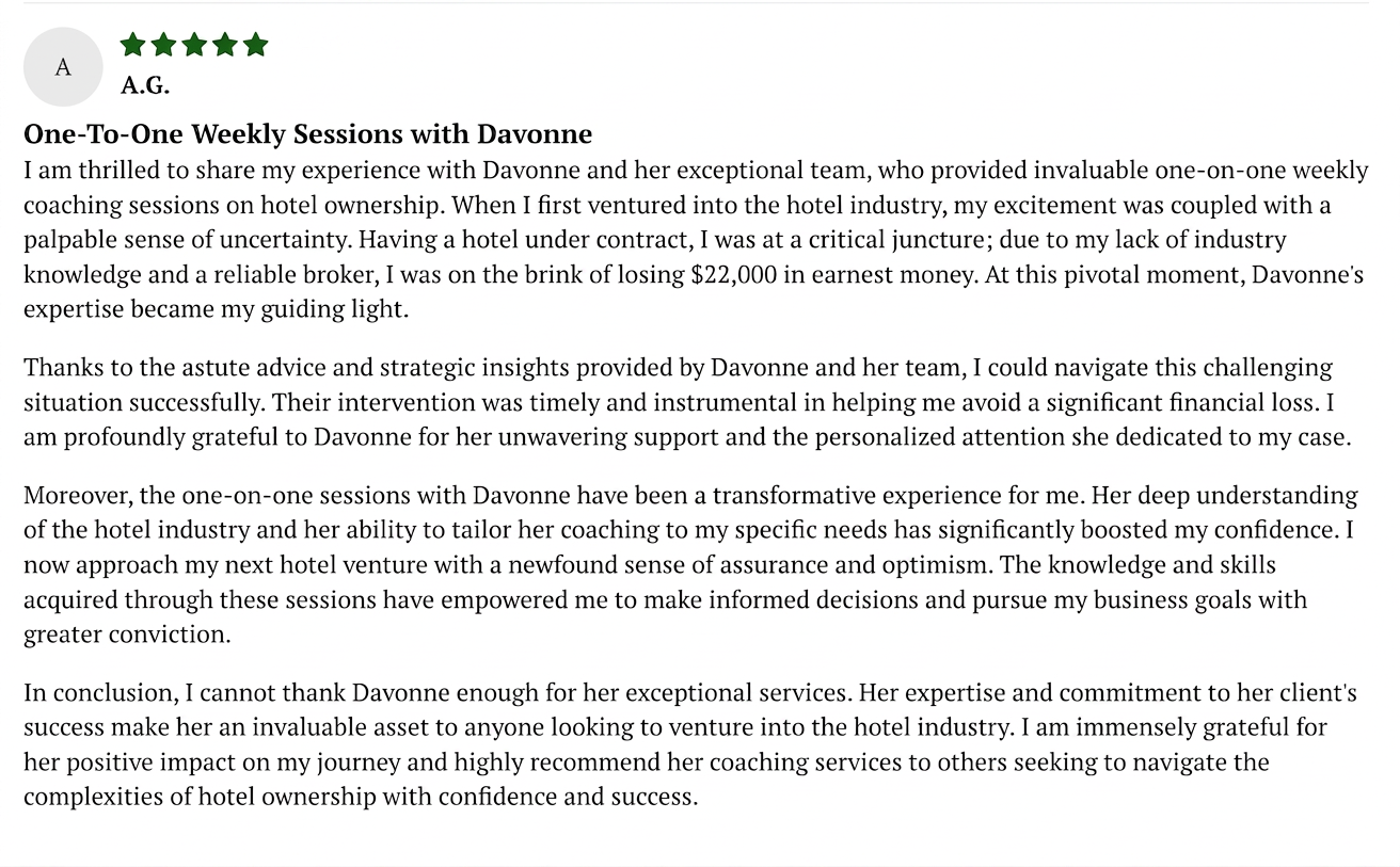 Five-star review from A.G. — One-To-One Weekly Sessions with Davonne